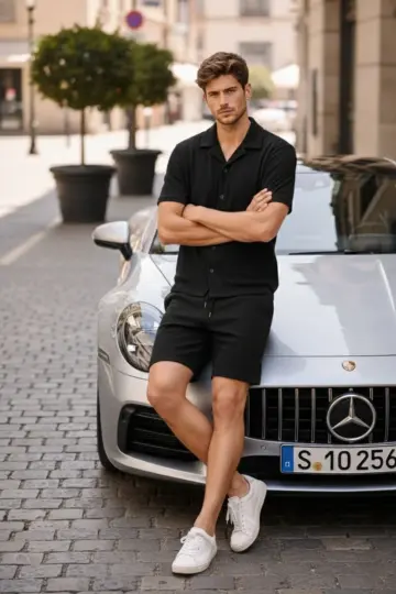 Waffle Kumaş Kısa Kol Gömlek Şort Takım Regular Yazlık İkili Set - Siyah