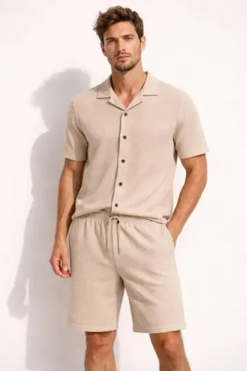 Waffle Kumaş Kısa Kol Gömlek Şort Takım Regular Yazlık İkili Set - Bej