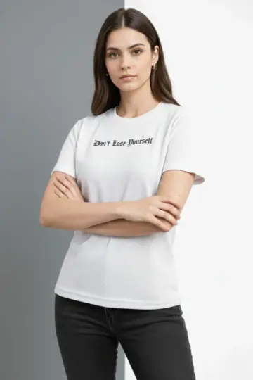 Wafıl Kumaş Tişört Regular Kalıp Bisiklet Yaka Baskılı T-Shirt - Beyaz