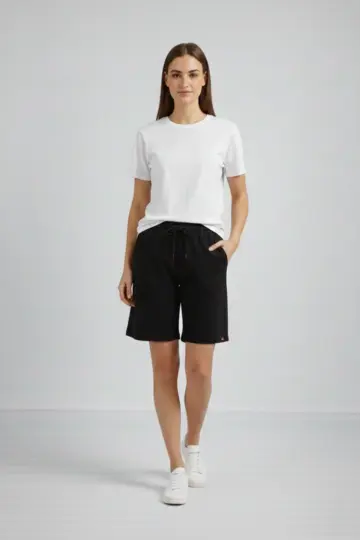 Dokuma otoban Şort Beli Lastikli Bağcıklı Cepli Kesim Şort - Siyah