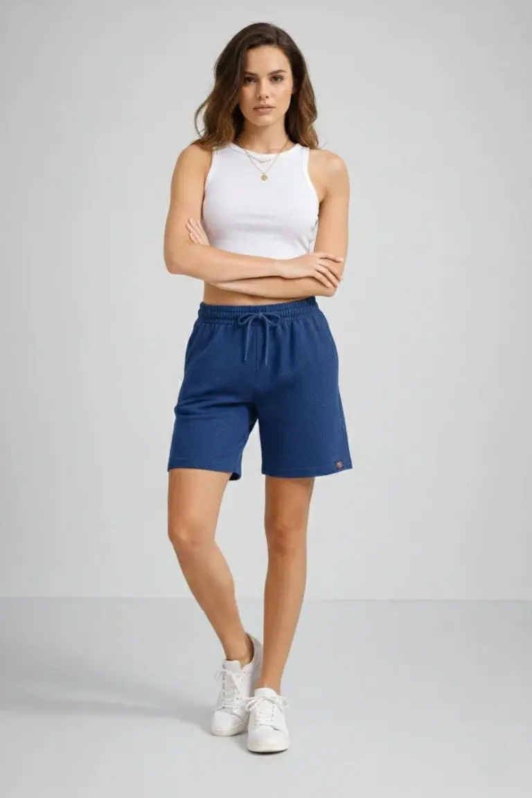 Dokuma otoban Şort Beli Lastikli Bağcıklı Cepli Kesim Şort - İndigo