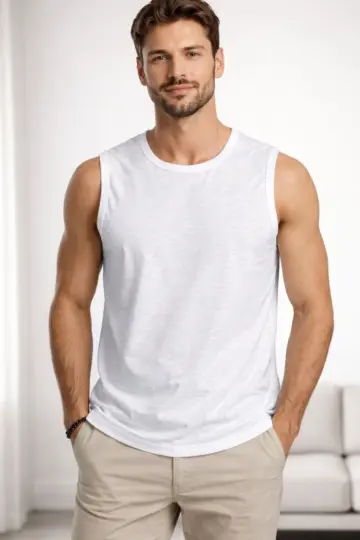 Flamlı Kumaş Kolsuz Atlet Günlük Fitness Spor T-Shirt - Beyaz