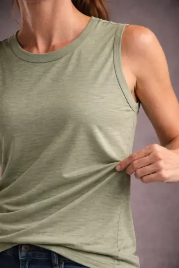 Flamlı Kumaş Kolsuz Atlet Günlük Fitness Spor T-Shirt - Yeşili