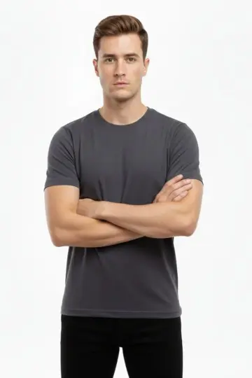 Bisiklet Yaka Slim Fit dar kesim Likralı Tişört - Füme