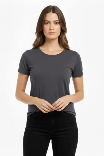 T-Shirt Bisiklet Yaka Slim Fit Likralı Tişört Yazlık Basic Body - Füme