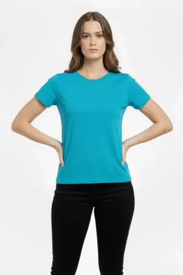 T-Shirt Bisiklet Yaka Slim Fit Likralı Tişört Yazlık Basic Body - Turkuvaz