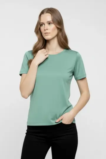 T-Shirt Bisiklet Yaka Slim Fit Likralı Tişört Yazlık Basic Body - Mint Yeşili