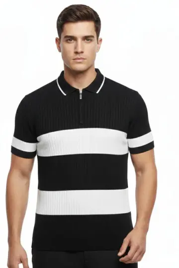 T-shirt Çizgili Triko Kumaş Polo Yaka Yarım Fermuarlı Kısa Kol Tişört - Siyah