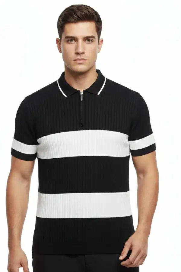 T-shirt Çizgili Triko Kumaş Polo Yaka Yarım Fermuarlı Kısa Kol Tişört - Siyah