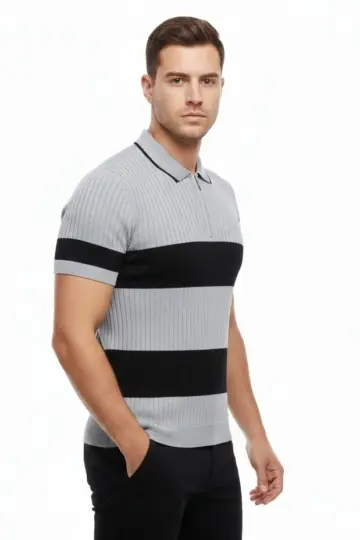 Çizgili Triko Dokuma Polo Yaka Yarım Fermuarlı Tişört - Gri