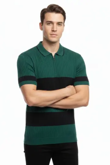 Çizgili Triko Dokuma Polo Yaka Yarım Fermuarlı Tişört - Çağla Yeşili