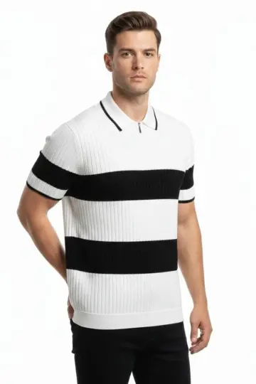 Çizgili Triko Dokuma Polo Yaka Yarım Fermuarlı Tişört - Beyaz