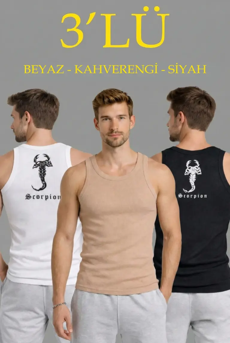 Spor Fitilli Kaşkorse Arka Basklı Atlet 3'lü Set Beyaz-Siyah-Kahverengi