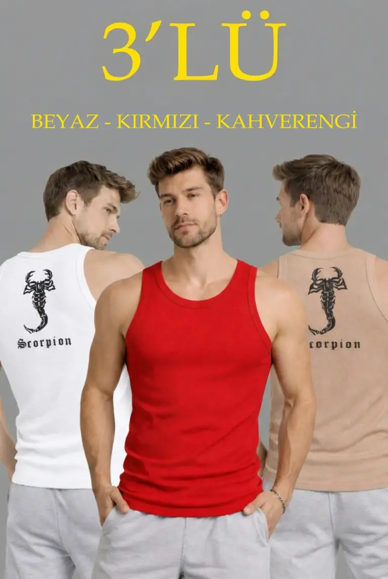 Spor Fitilli Kaşkorse Arka Basklı Atlet 3'lü Set Beyaz-Kırmızı-Kahverengi