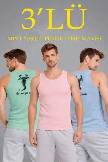 Spor Fitilli Kaşkorse Arka Basklı Atlet 3'lü Set Mint Yeşili-Pembe-Bebek Mavisi