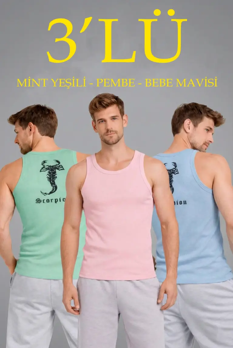 Spor Fitilli Kaşkorse Arka Basklı Atlet 3'lü Set Mint Yeşili-Pembe-Bebek Mavisi