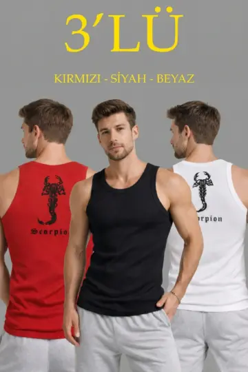 Spor Fitilli Kaşkorse Arka Basklı Atlet 3'lü Set Kırmızı-Siyah-Beyaz