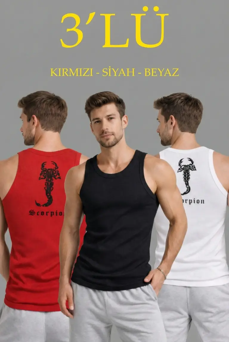 Spor Fitilli Kaşkorse Arka Basklı Atlet 3'lü Set Kırmızı-Siyah-Beyaz