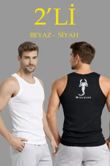 Spor Slimfit Fitilli Kaşkorse Arka Basklı Atlet 2'li Set Siyah-Beyaz