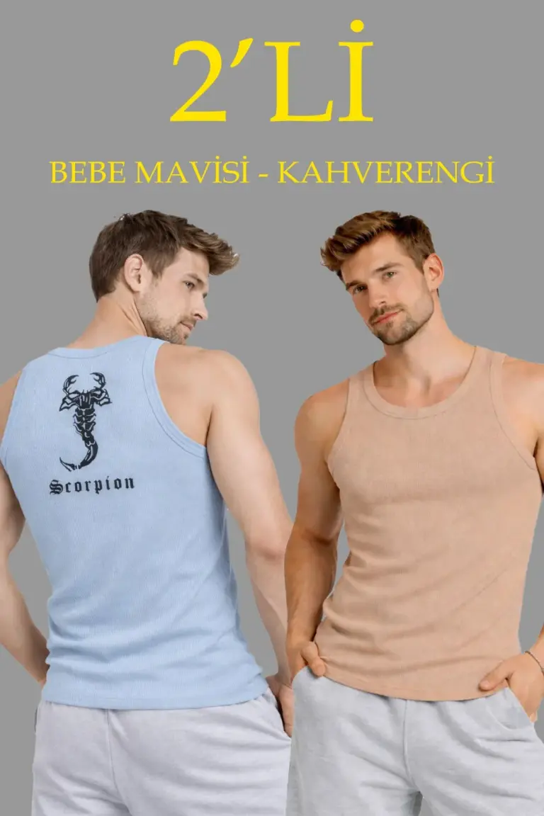 Spor Slimfit Fitilli Kaşkorse Arka Basklı Atlet 2'li Set Kahverengi-Bebek Mavisi