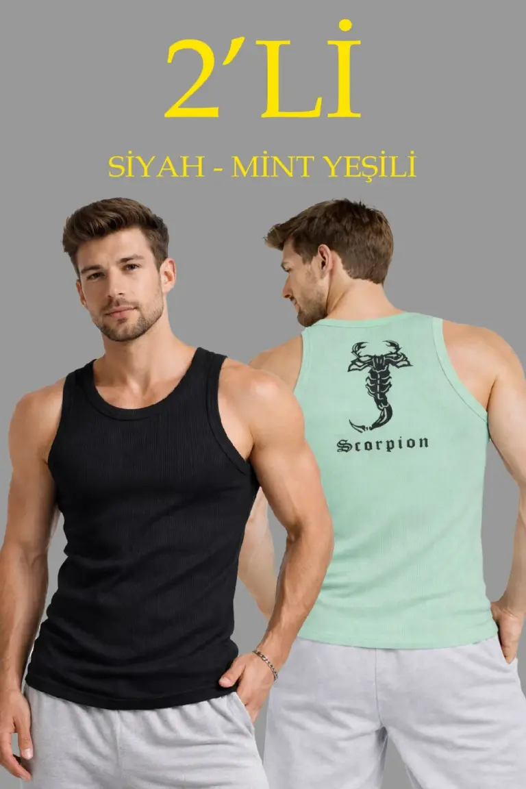 Spor Slimfit Fitilli Kaşkorse Arka Basklı Atlet 2'li Set Siyah-Mint Yeşili