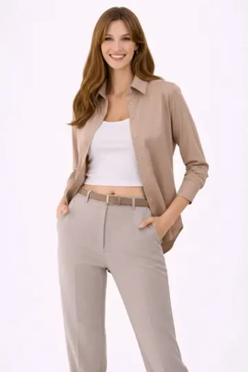 Uzun Kol Gömlek Düğmeli Klasik Yaka Günlük ve Ofis Şıklığına uygun - Bej