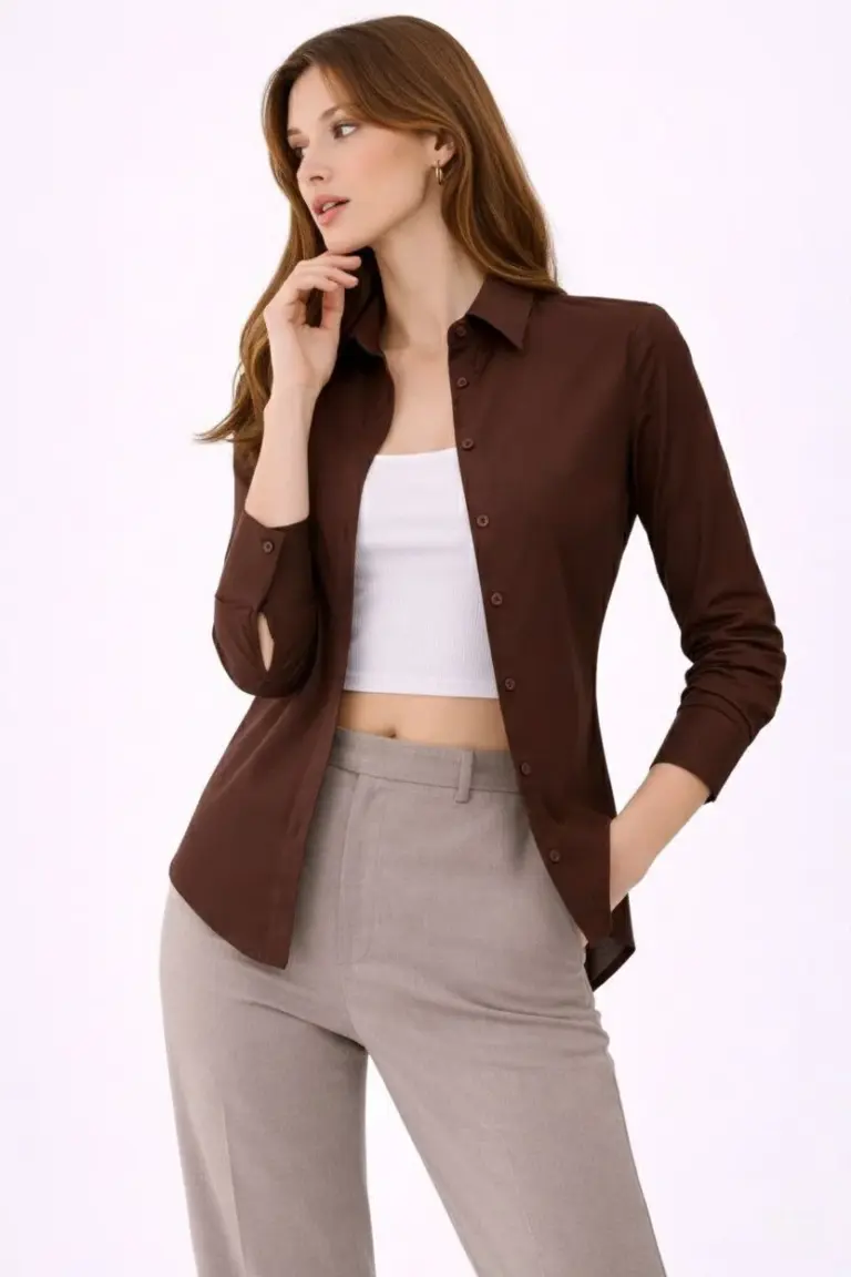 Uzun Kol Gömlek Düğmeli Klasik Yaka Günlük ve Ofis Şıklığına uygun - Kahverengi