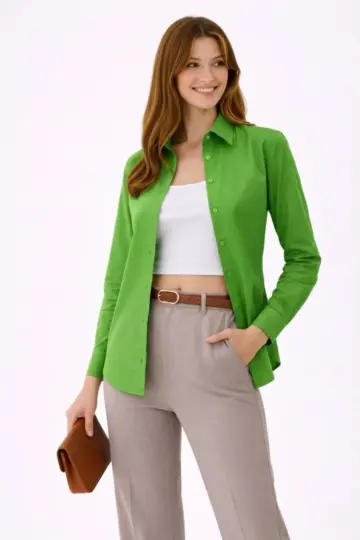 Uzun Kol Gömlek Düğmeli Klasik Yaka Günlük ve Ofis Şıklığına uygun - Yeşil