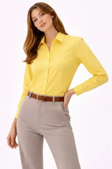 Uzun Kol Gömlek Düğmeli Klasik Yaka Günlük ve Ofis Şıklığına uygun - Sarı