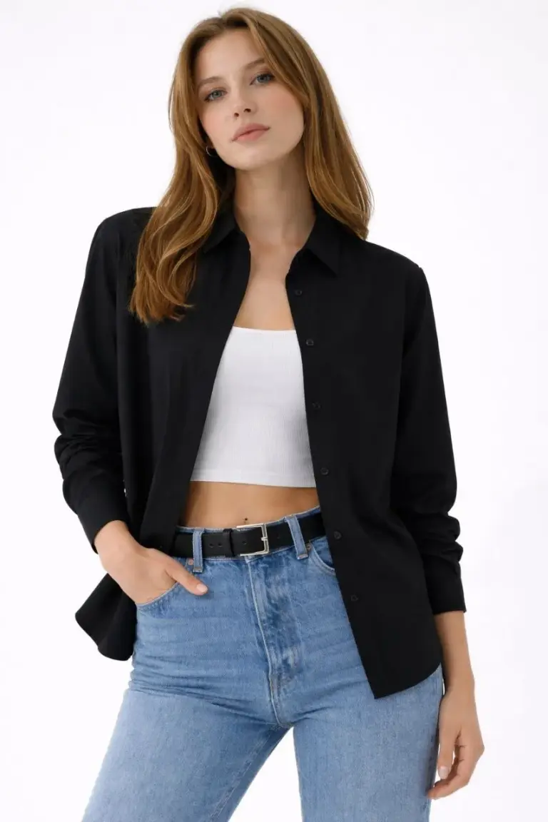 Uzun Kol Gömlek Düğmeli Klasik Yaka Günlük ve Ofis Şıklığına uygun - Siyah