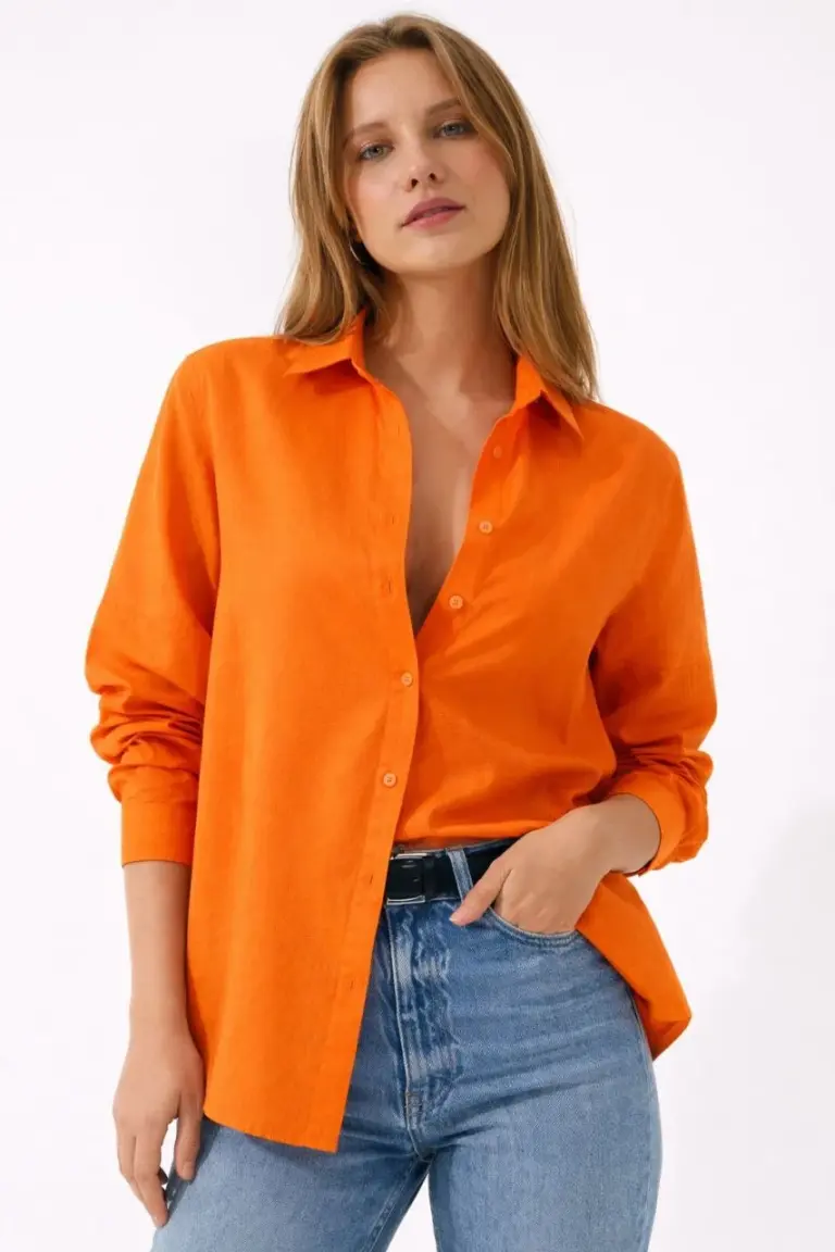 Uzun Kol Gömlek Düğmeli Klasik Yaka Günlük ve Ofis Şıklığına uygun - Turuncu