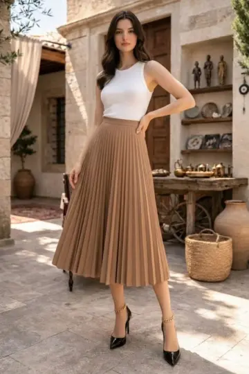 90 Cm Saten Kumaş Pliseli Midi Etek Şık ve Zarif Tasarım - Kahverengi
