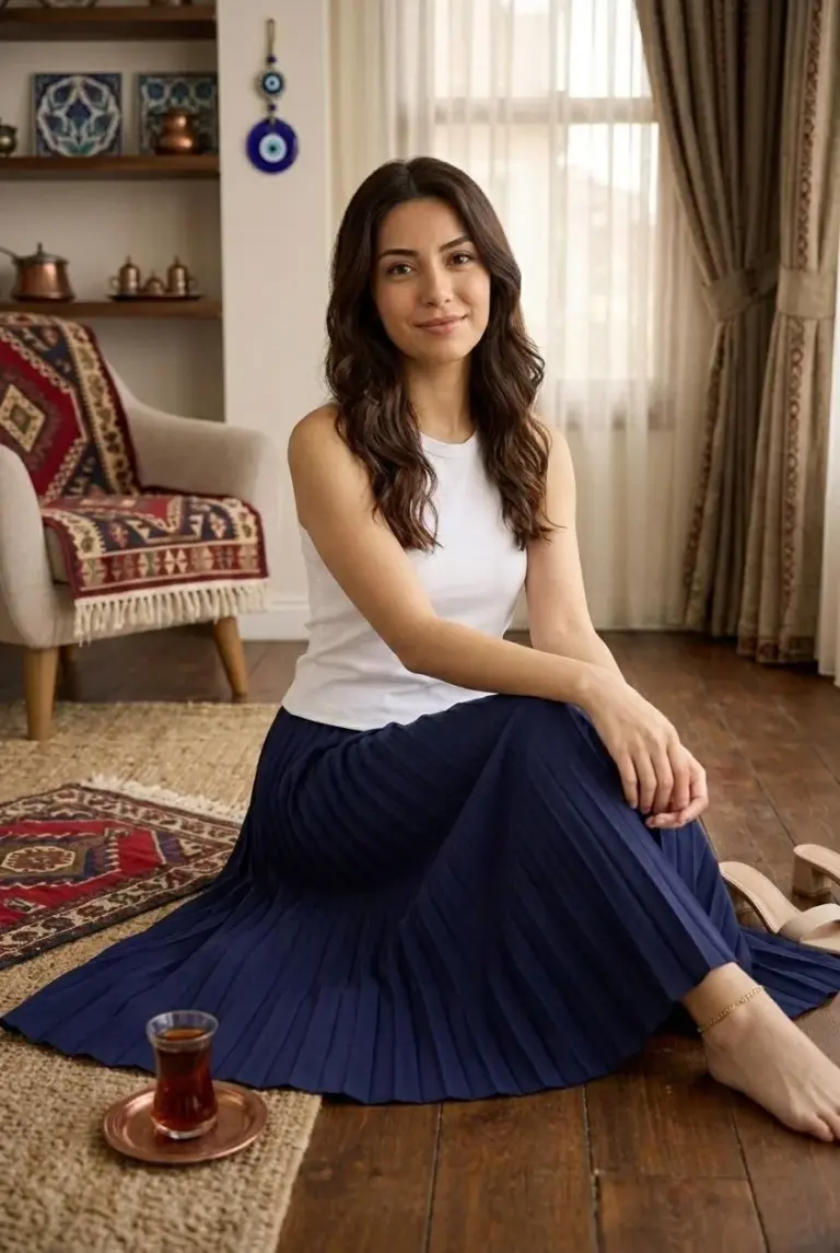 90 Cm Saten Kumaş Pliseli Midi Etek Şık ve Zarif Tasarım - Lacivert