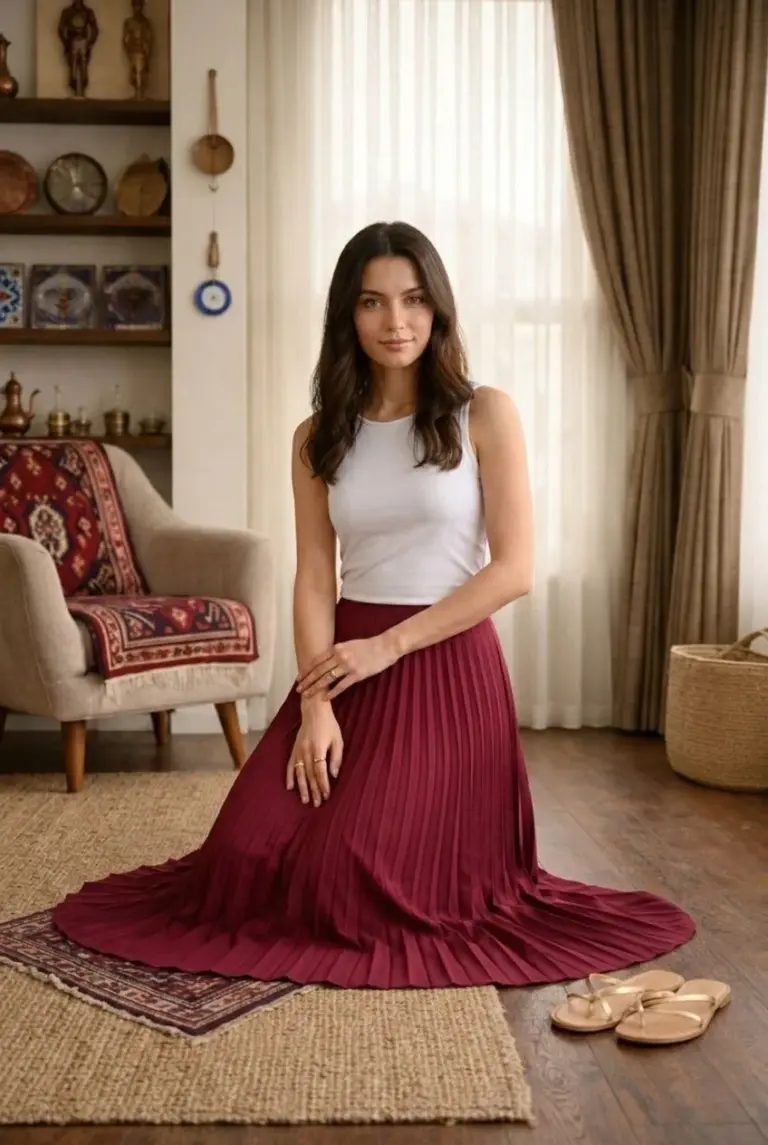 90 Cm Saten Kumaş Pliseli Midi Etek Şık ve Zarif Tasarım - Bordo