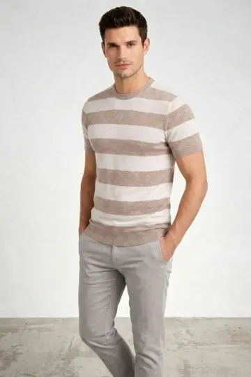 T-shirt Çizgili Triko  Kısa Kol Yazlık Dokuma Bisiklet Yaka Tişört - Bej