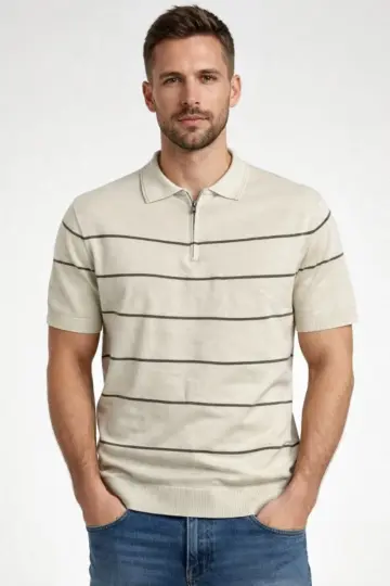 T-shirt Çizgili Kısa kol Triko Kumaş Polo Yaka Yarım Fermuarlı Tişört - Bej