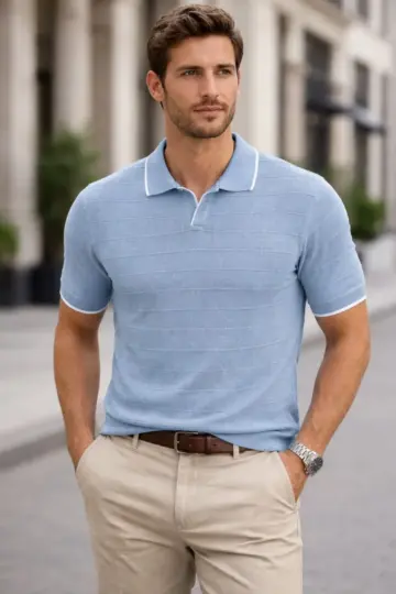 Fitilli Yazlık Triko Tişört Düğmesiz Polo Yaka Kısa Kol T-shirt - Bebek Mavisi