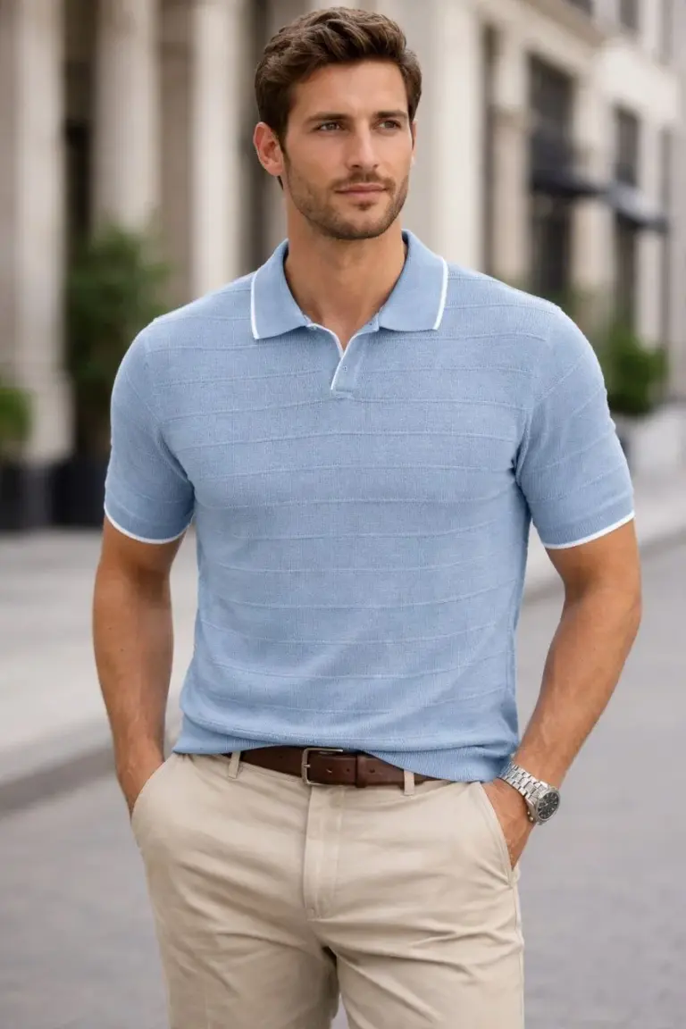 Fitilli Yazlık Triko Tişört Düğmesiz Polo Yaka Kısa Kol T-shirt - Bebek Mavisi