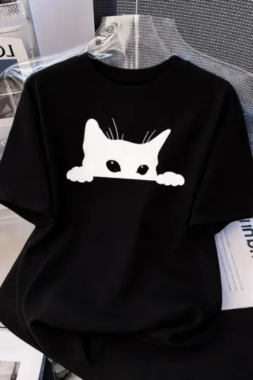 Kadınlar için Siyah Kedi Grafik Tişört - Oversize Kısa Kollu Üst Nefes Alabilir - Siyah