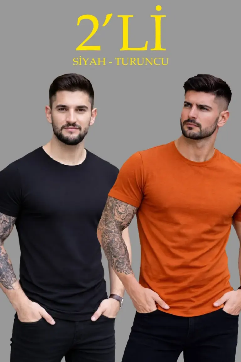 Tişört Bisiklet Yaka Kısa Kol Slim Fit Body T-shirt 2'li Set Siyah-Turuncu