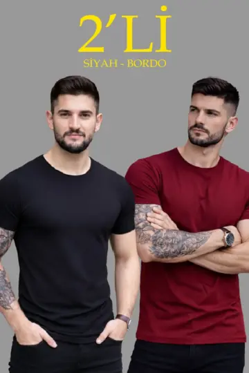 Tişört Bisiklet Yaka Kısa Kol Slim Fit Body T-shirt 2'li Set Siyah-Bordo