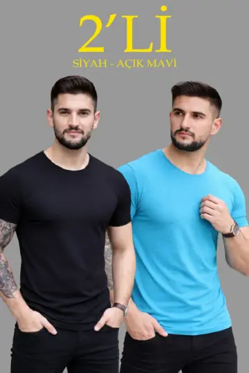 Tişört Bisiklet Yaka Kısa Kol Slim Fit Body T-shirt 2'li Set Siyah-Açık Mavi