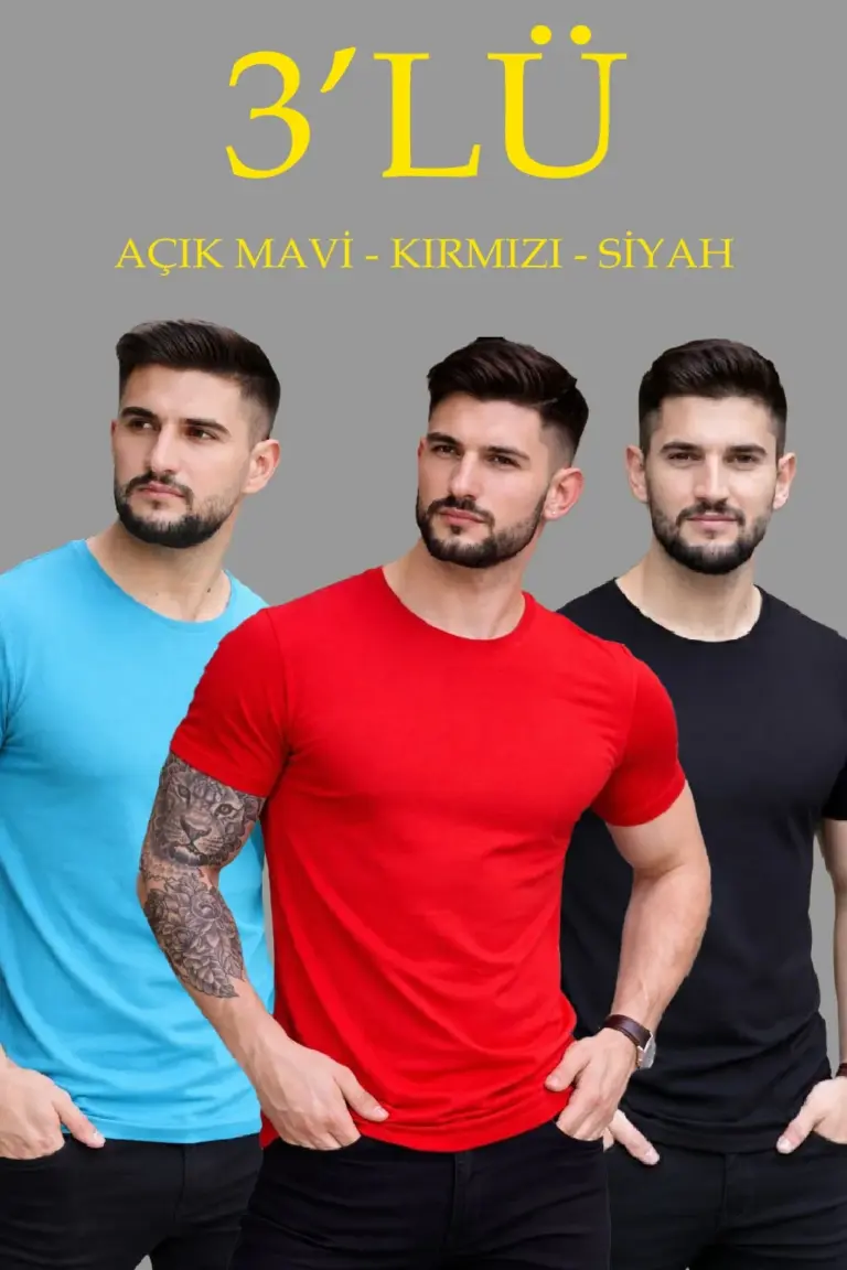 Bisiklet Yaka Tişört Kısa Kol Slim Fit Body 3'lü Set Siyah-Kırmızı-Açık Mavi