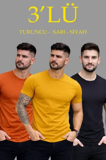 Bisiklet Yaka Tişört Kısa Kol Slim Fit Body 3'lü Set Siyah-Turuncu-Sarı