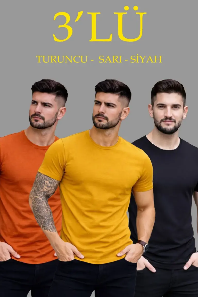 Bisiklet Yaka Tişört Kısa Kol Slim Fit Body 3'lü Set Siyah-Turuncu-Sarı