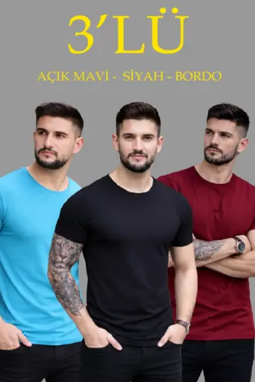Bisiklet Yaka Tişört Kısa Kol Slim Fit Body 3'lü Set Siyah-Açık Mavi-Bordo