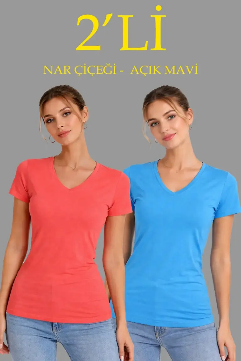 V Yaka Tişört Kısa Kol Slim Fit T-shirt 2'li Set  Nar Çiçeği-Açık Mavi