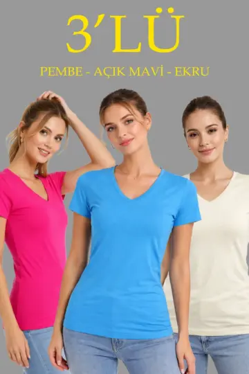 V Yaka Tişört Kısa Kol Slim Fit T-shirt 3'lü Set Pembe-Açık Mavi-Ekru