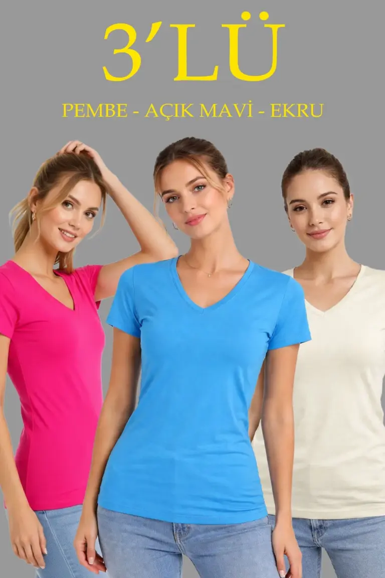 V Yaka Tişört Kısa Kol Slim Fit T-shirt 3'lü Set Pembe-Açık Mavi-Ekru