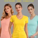 V Yaka Tişört Kısa Kol Slim Fit T-shirt 3'lü Set Toz Pembe-Sarı-Turkuvaz